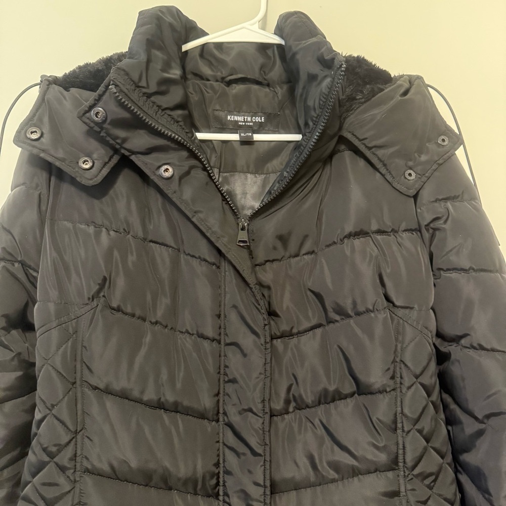 Kenneth Cole New York Black Puffer Women’s Warm Hooded Long Quilted XL Jacket - Picture 2 of 12